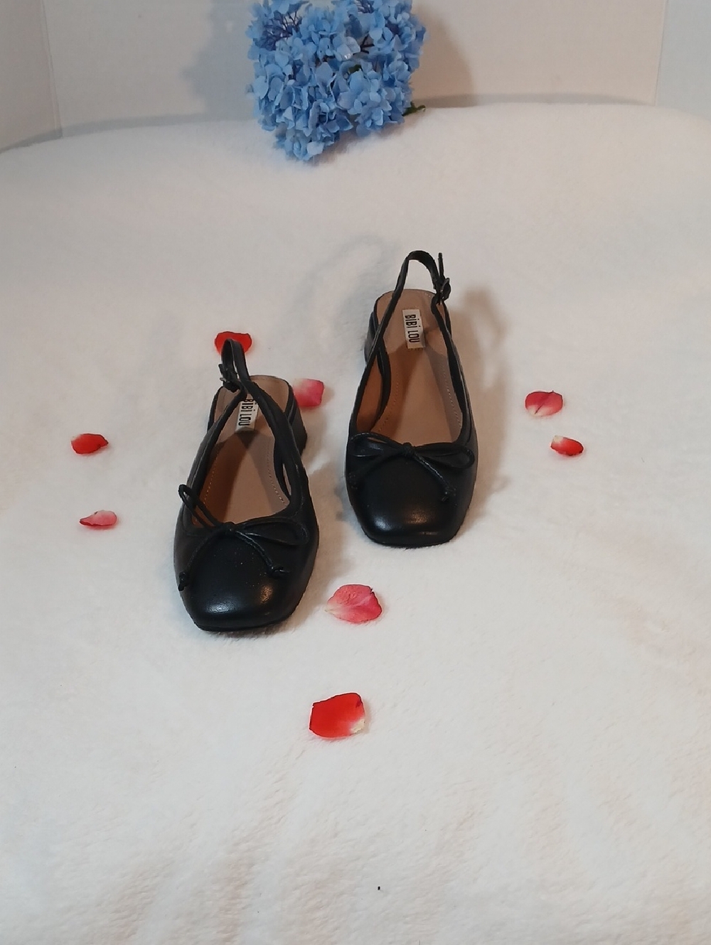Bibi Lou Black Suzy Black Slingback Ballet Flats with Bow Sz 38
